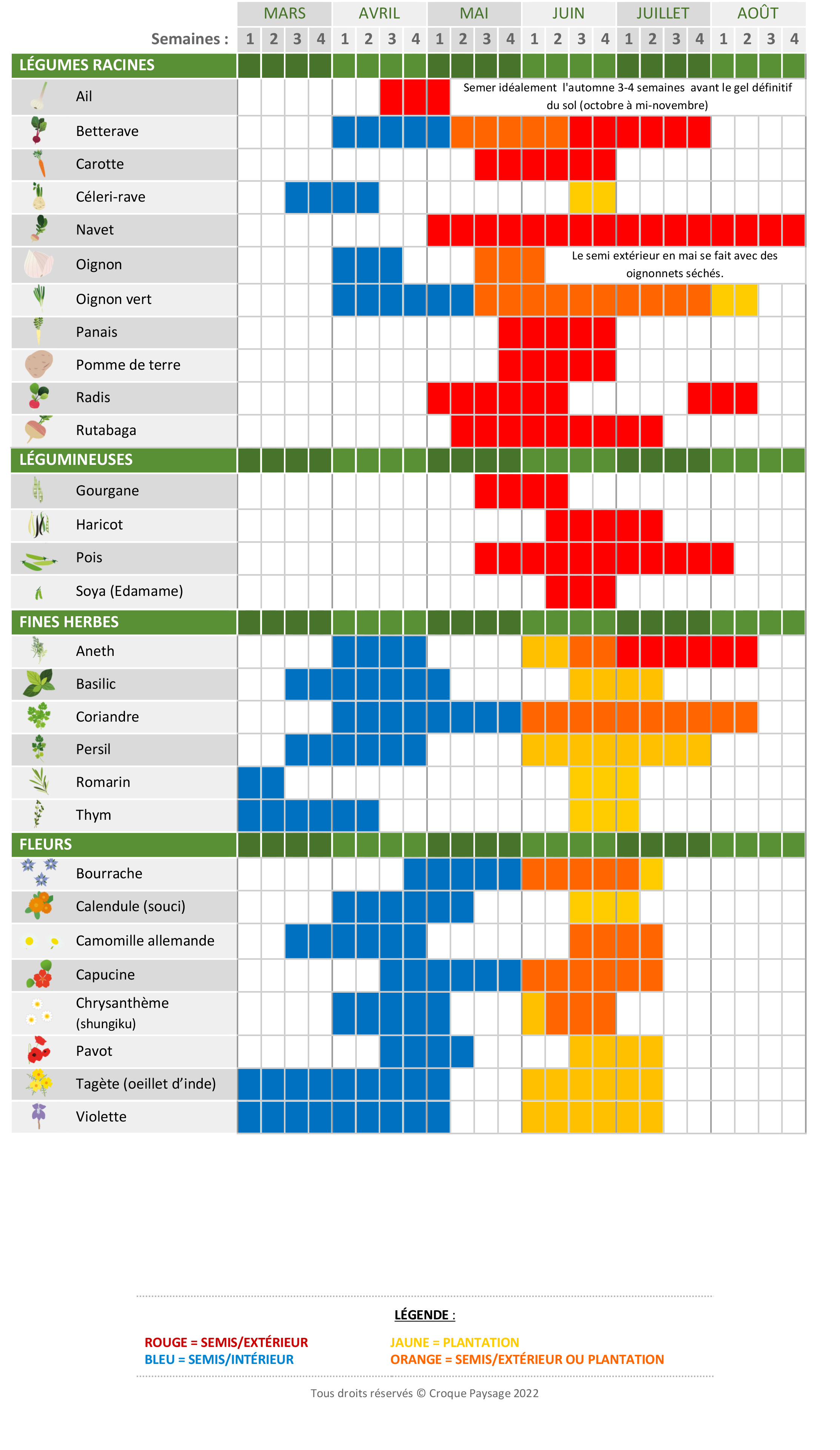 Calendrier de semis et de plantation pour le potager
