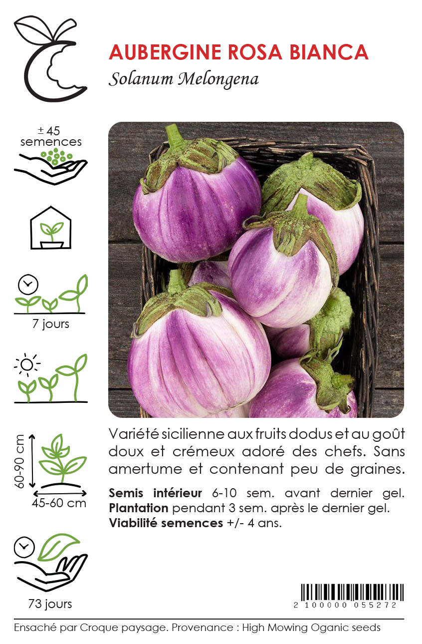 Sachet Croque Paysage,semences Aubergine Rosa Bianca biologiques,légume fruit annuel pour potager,semenciers québécois,laurentides,val-david