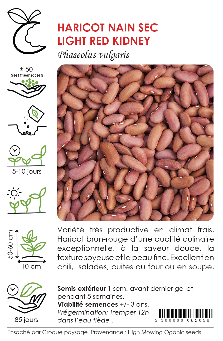 Sachet Croque Paysage,semences Haricot sec Light Red Kidney biologiques,légumineuse annuelle pour potager,semenciers québécois,laurentides,val-david