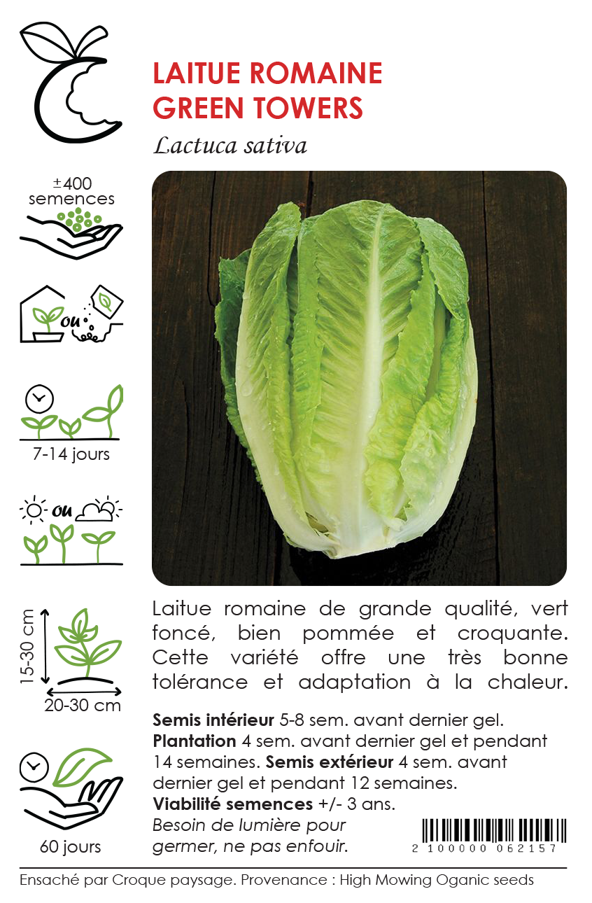 Sachet Croque Paysage,semences Laitue romaine Green Towers biologiques,légume feuille annuel pour potager,semenciers québécois,laurentides,val-david