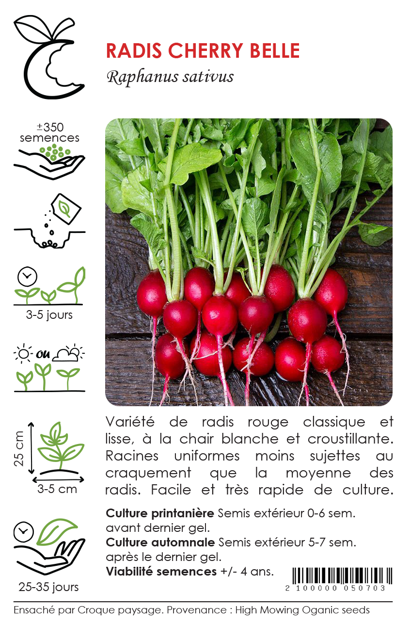 Sachet Croque Paysage,semences Radis Cherry Belle biologiques,légume racine annuel pour potager,semenciers québécois,laurentides,val-david