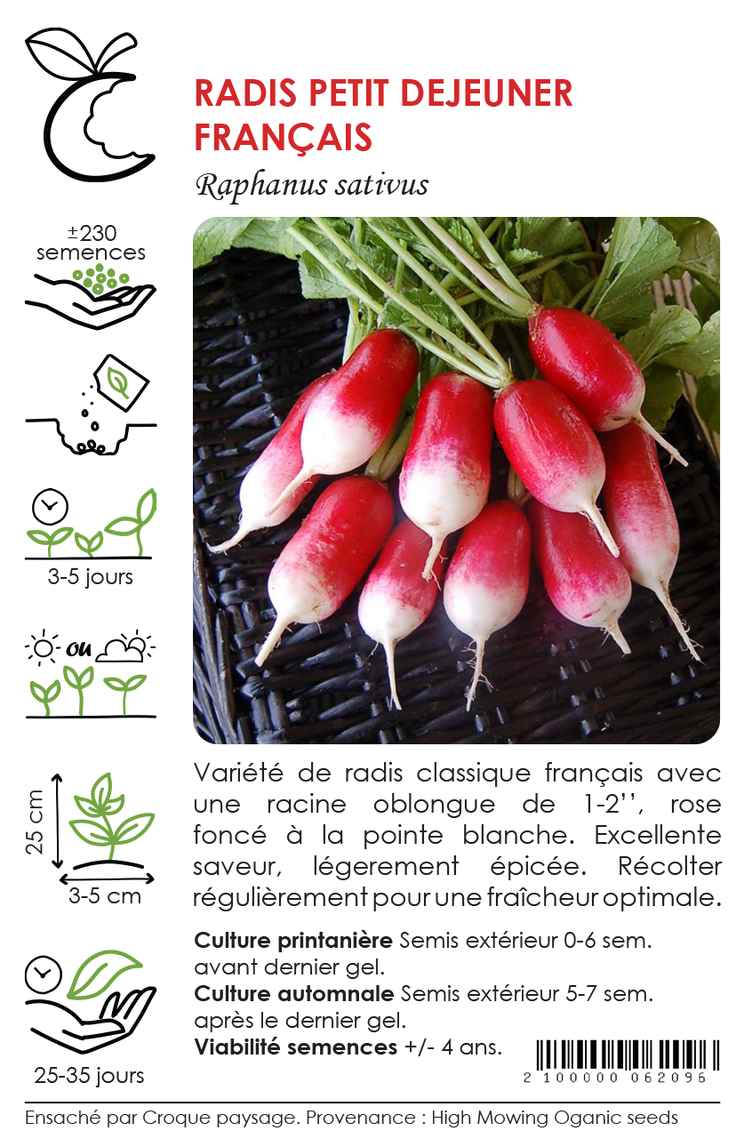 Sachet Croque Paysage,semences Radis Petit Déjeuner Français biologiques,légume racine annuel pour potager,semenciers québécois,laurentides,val-david
